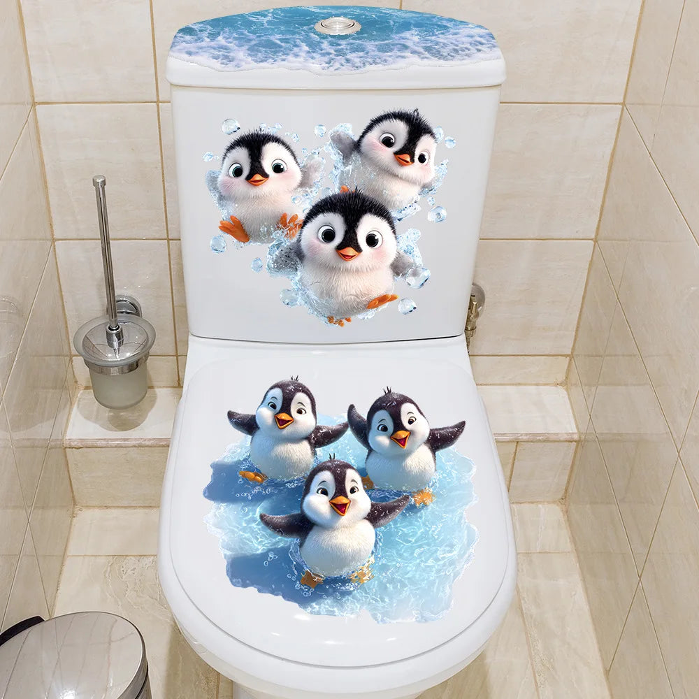 Cartoon-Pinguin WC-Aufkleber – Wasserfeste Badezimmer-Sticker im Ozeanwellen-Design