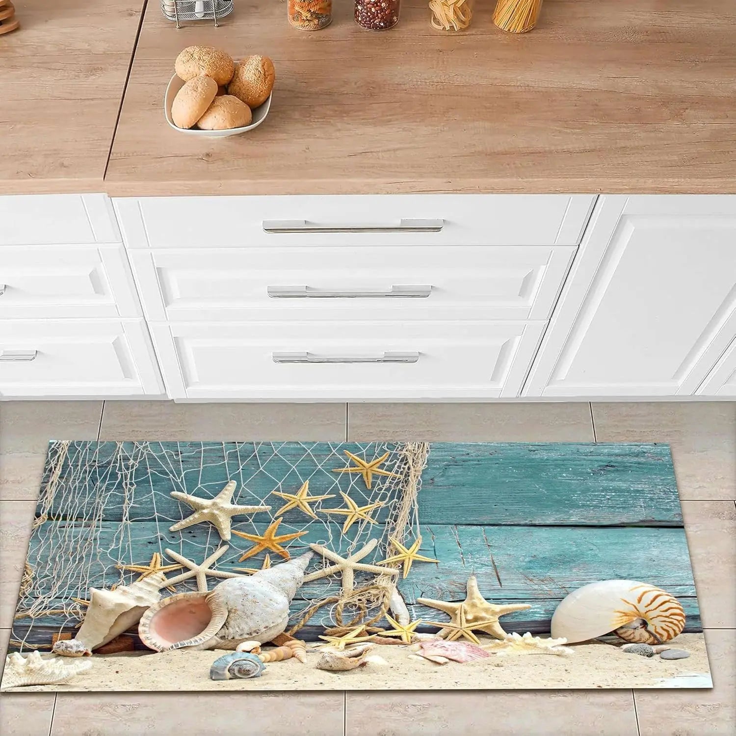 Teppich Meeresmotiv – Badvorleger & Kuchenmatte mit Muscheln und Segelboot, rutschfest