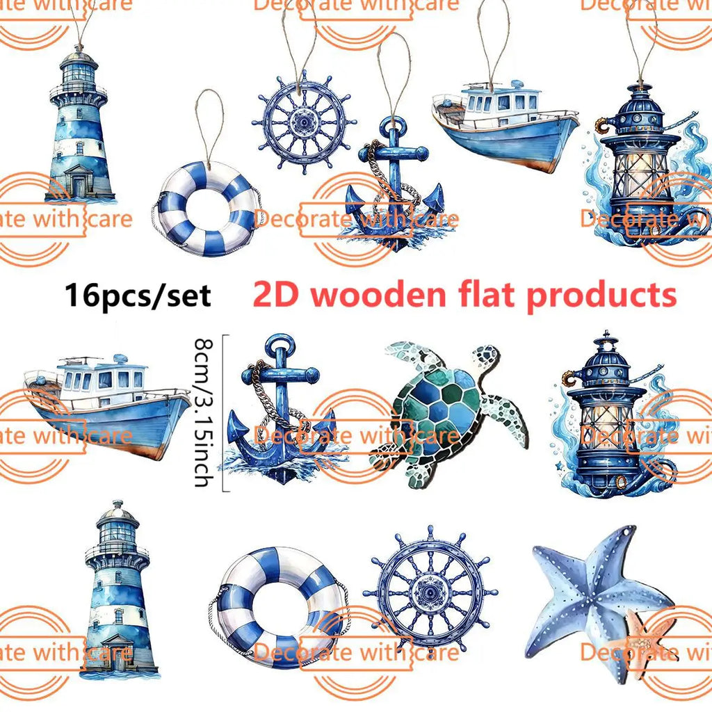 Maritime Holzanhänger 16er Set – 2D Meerestier-Motive, Sommer & Strand, Wohnraumdeko
