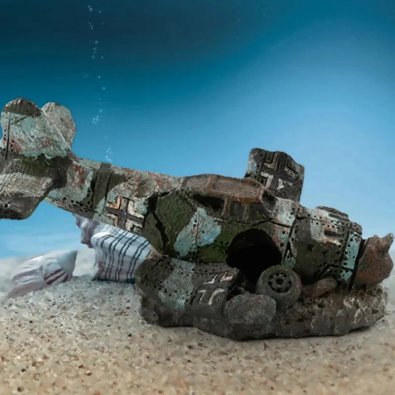 Miniatur-Flugzeugwrack für Aquarium – Resin Deko | 8 cm