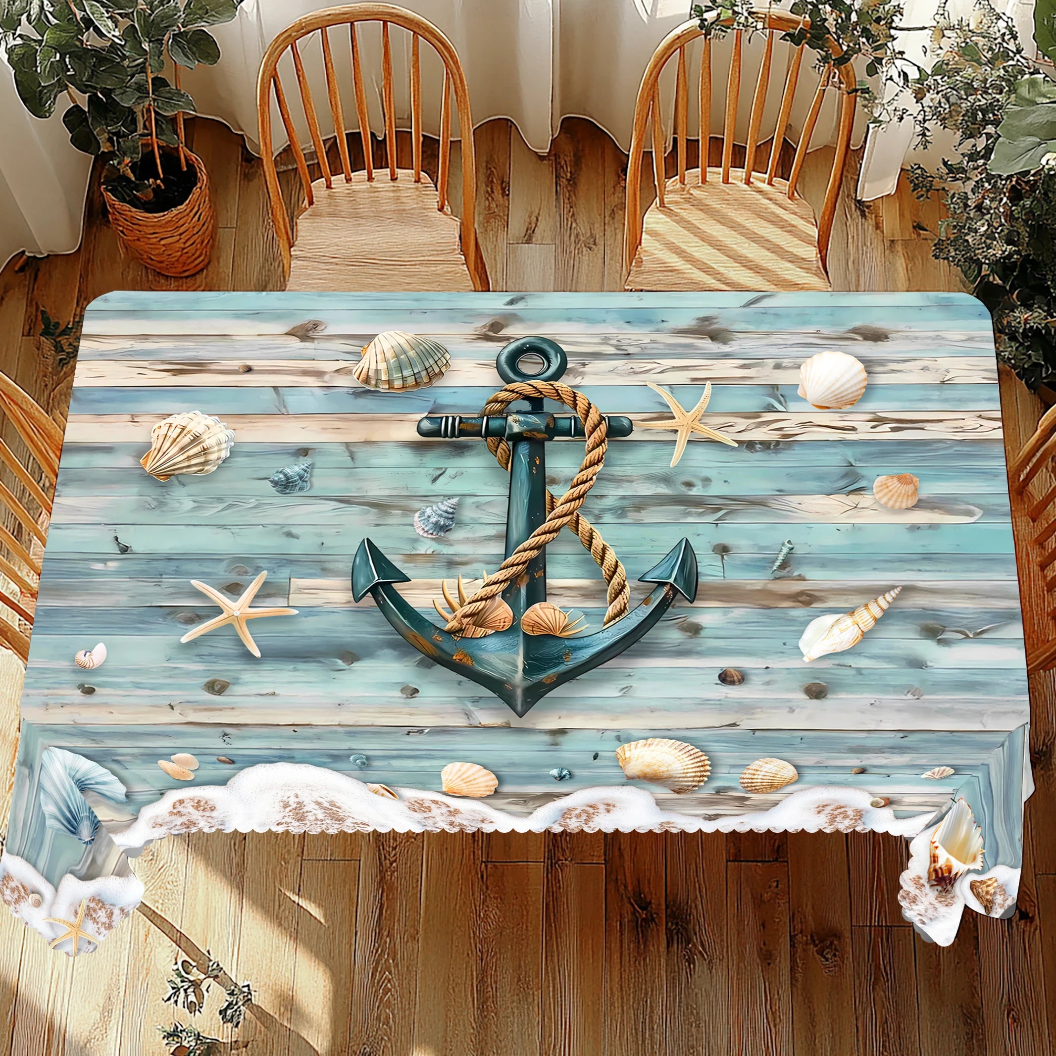 Nautik Tischdecke – Polyester mit Anker & Kompass-Motiv, wasserabweisend