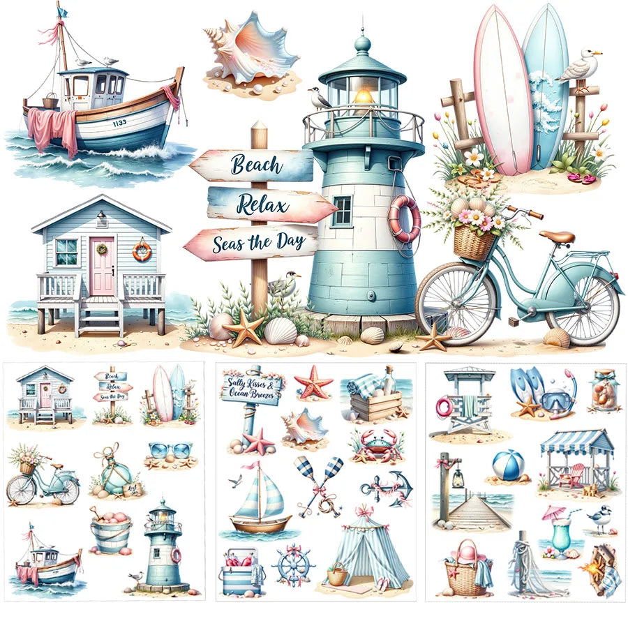 Maritime UV-DTF Sticker Set – 3 Bogen, Strand & Tropenurlaub, DIY Tassen & Gläser