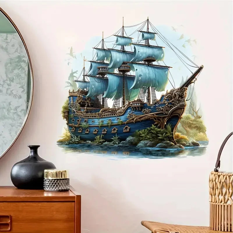 Maritimes Wandtattoo Blaues Segelboot – Vinyl, selbstklebend, 5 Größen
