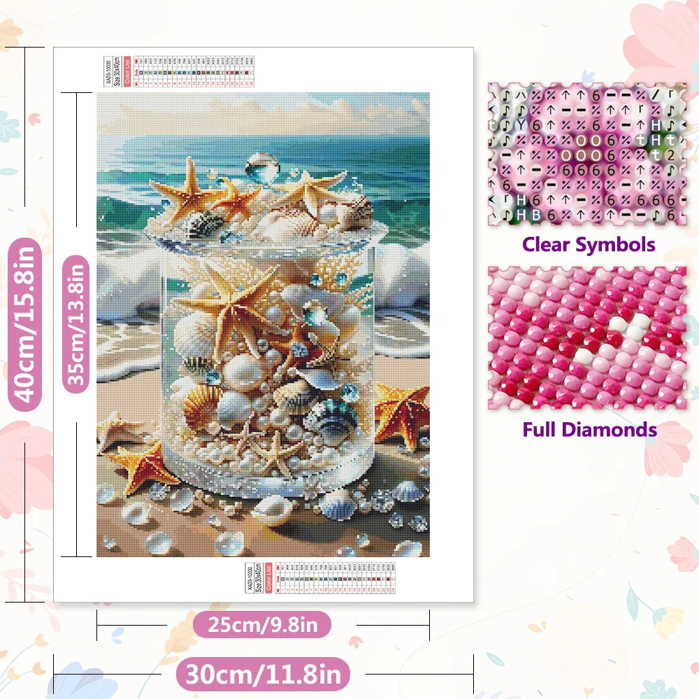 Diamond Painting Kit – Strand & Seestern | 5D DIY Diamant-Malerei mit runden oder eckigen Steinen