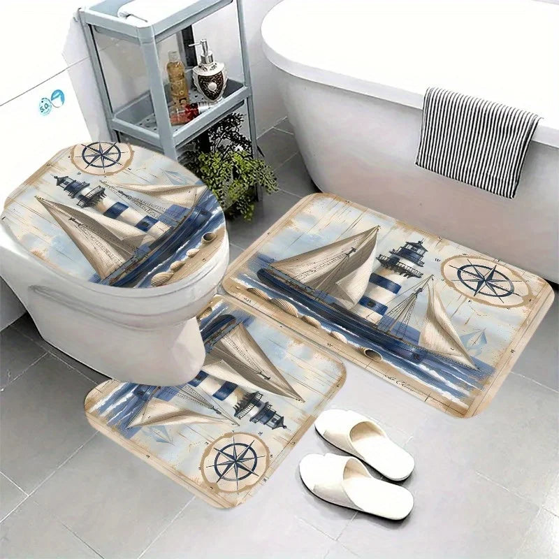 Maritimes Badezimmer-Set 3-teilig – Badematte, U-Matte & WC-Deckelbezug