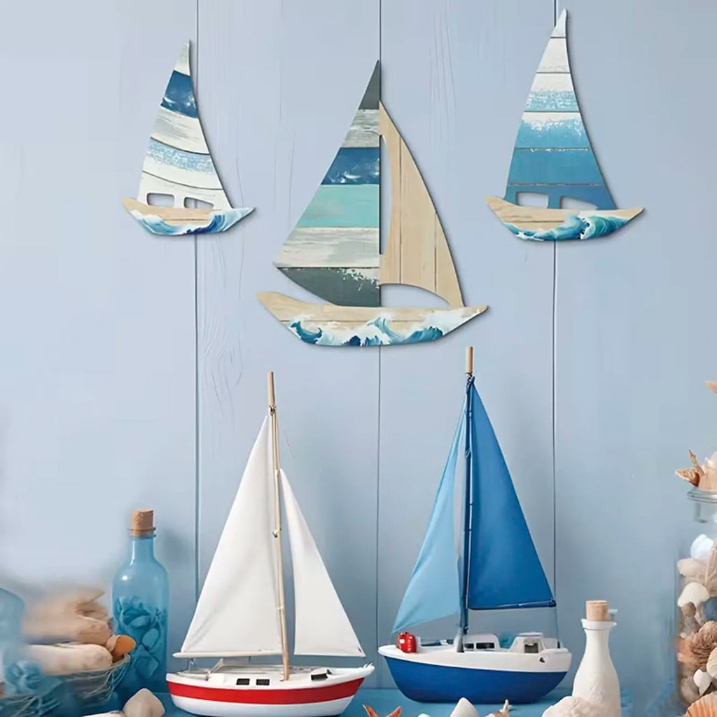 Holz-Wandsticker Maritim 3er-Set – Nautische Wanddeko für Wohnzimmer und Schlafzimmer