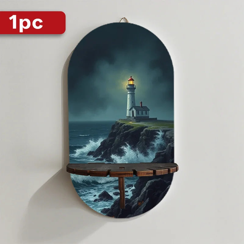 Leuchtturm Kristallstein Wandregal – Maritimes Wandbild mit Ablagefläche