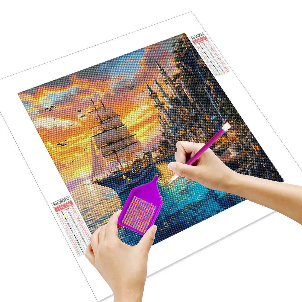 Diamond Painting Segelboot und Schloss – 5D DIY Diamantmalerei mit runden und eckigen Steinen