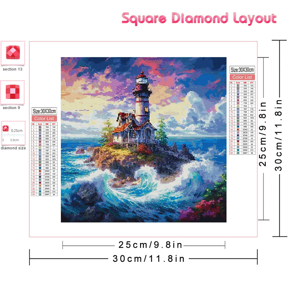 Diamond Painting Set Leuchtturm & Meereslandschaft – 5D Mosaik, runde & eckige Diamanten, 20–50 cm