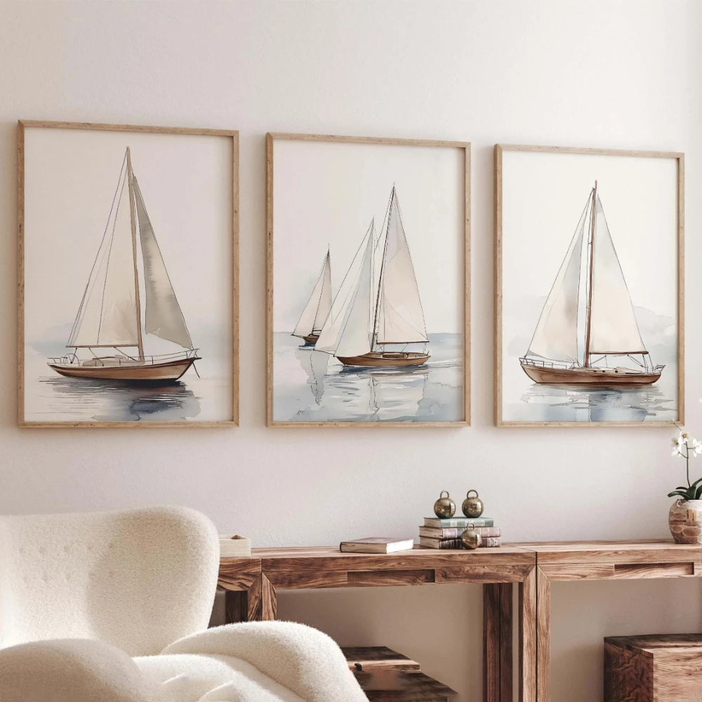 Aquarell Segelboot Poster Set – 3-teiliges Leinwand-Wandbild maritim
