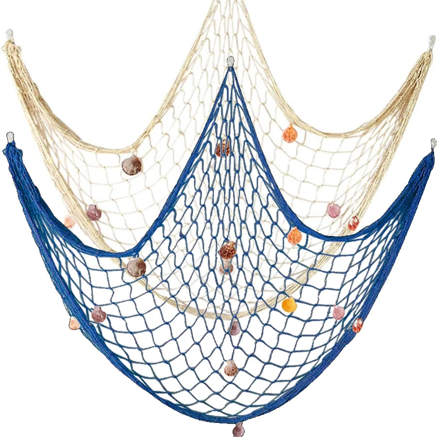 Fischernetz Wanddeko mit Muscheln – 100–200 cm, Mediterran, Blau oder Cremeweiß