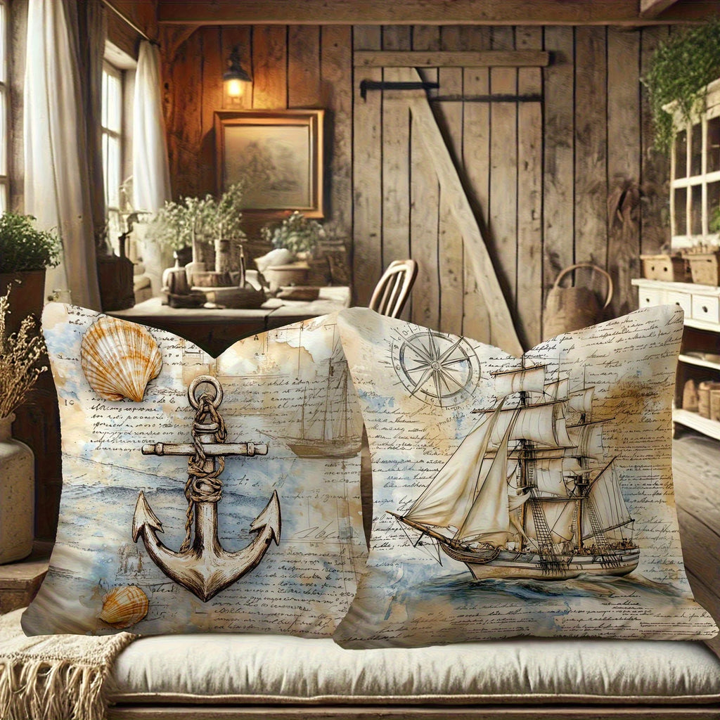 Maritime Kissenbezüge 4er-Set – Nautisches Motiv, Küstendekor