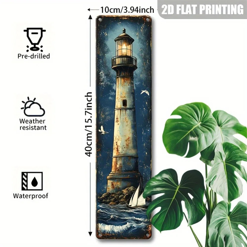 1 Stück 15,75 x 3,94 Zoll 2D flaches Retro-Leuchtturm-Logo aus Eisen – Rustikale Wanddekoration „Sternennacht“, strapazierfähige Außendekoration für Ihr Zuhause