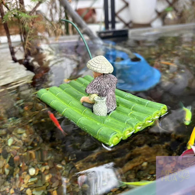 Schwimmende Aquarium-Deko – Alter Fischer auf Floß, Kunstharz, Grün, Fischbecken & Schreibtisch