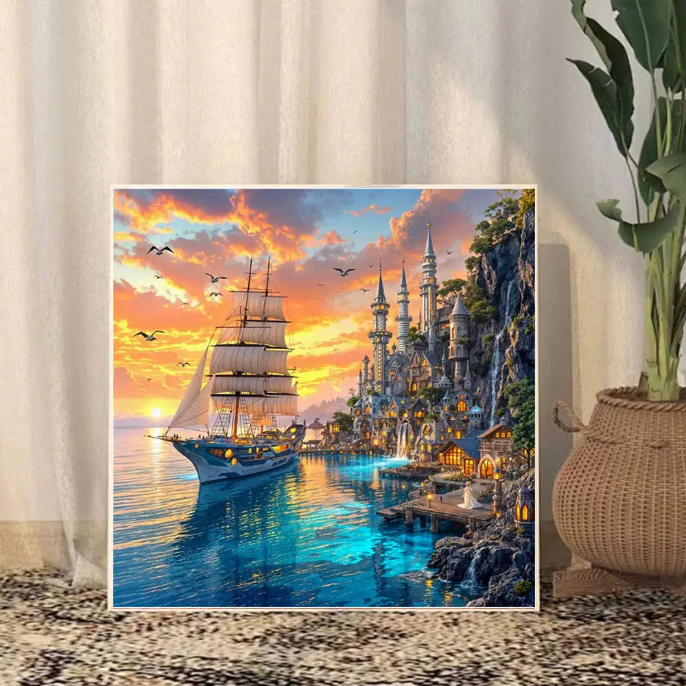 Diamond Painting Segelboot und Schloss – 5D DIY Diamantmalerei mit runden und eckigen Steinen