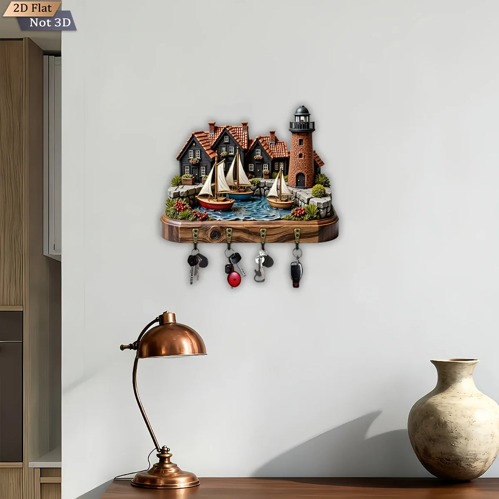 Schlüsselbrett Leuchtturm Kabine – Maritimes Holz-Schlüsselboard mit 4 Metallhaken