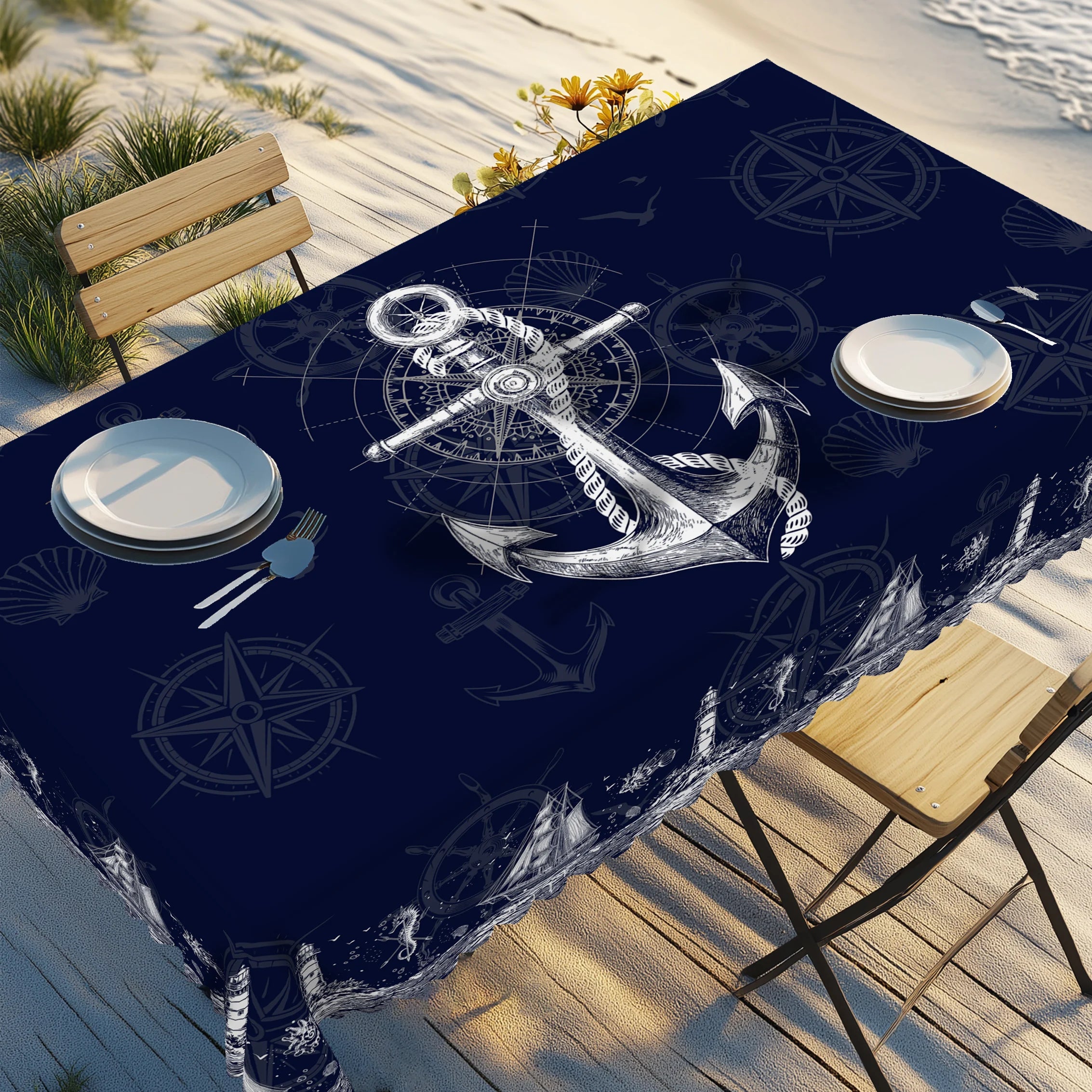 Maritime Tischdecke Marineblau – Anker, Leuchtturm & Kompass, wasserabweisend, 5 Größen