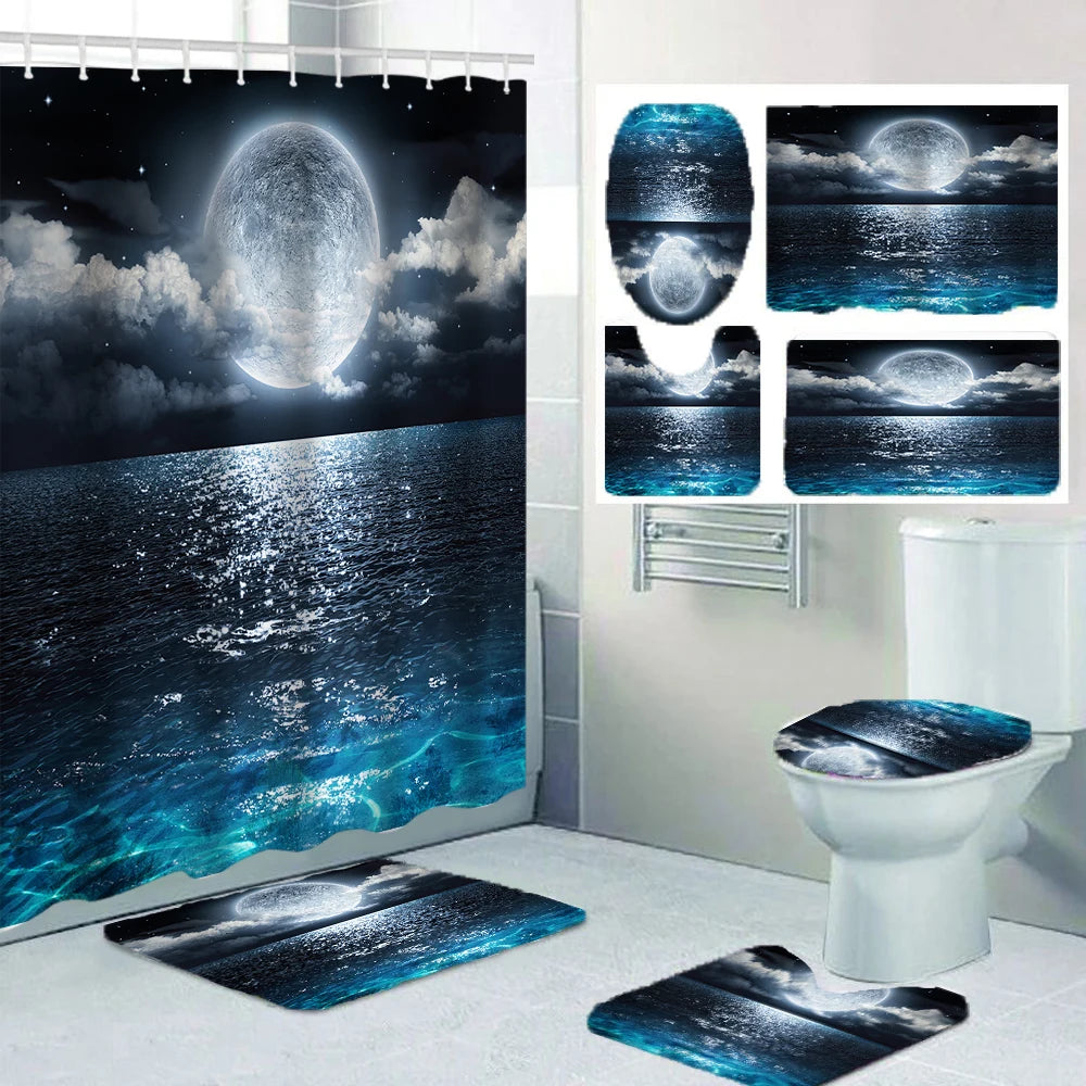 Duschvorhang-Set Meereslandschaft – Badezimmer Deko mit Teppich & WC-Deckelbezug