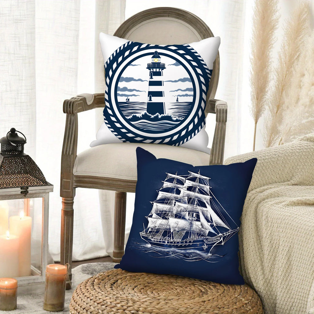 Kissenbezug 4er Set Maritim – Anker, Leuchtturm & Segelboot | 6 Größen | Polyester