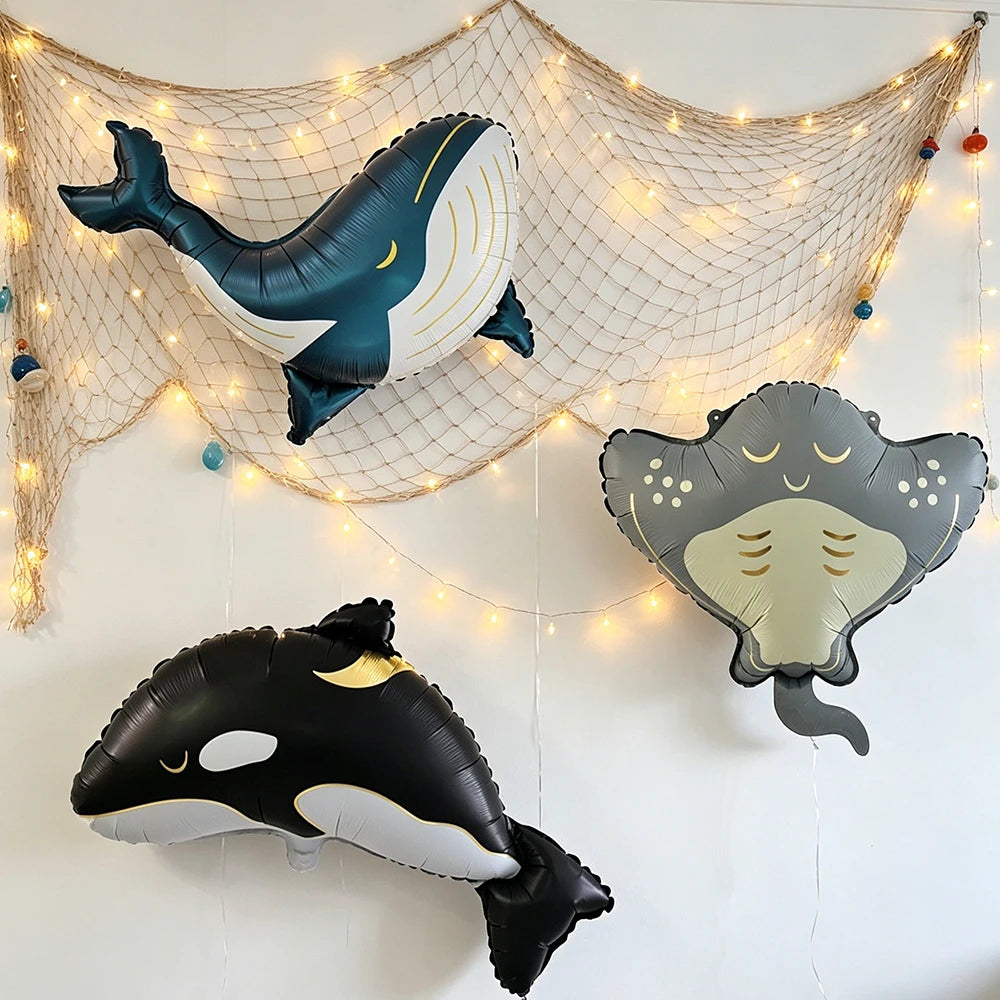 Meerestier-Folienballons 3er-Set – Orca, Blauwal und Teufelsrochen