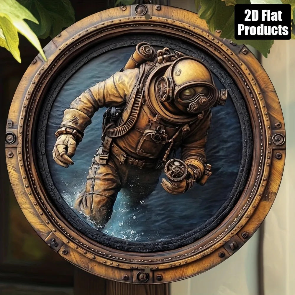 Vintage Taucher Metallschild – Maritimes Wandbild aus Aluminium, Retro Küstendeko