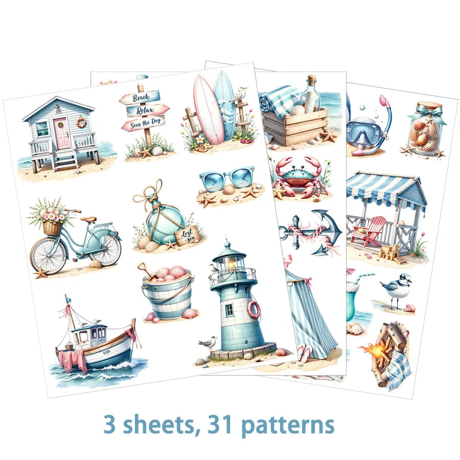 Maritime UV-DTF Sticker Set – 3 Bogen, Strand & Tropenurlaub, DIY Tassen & Gläser
