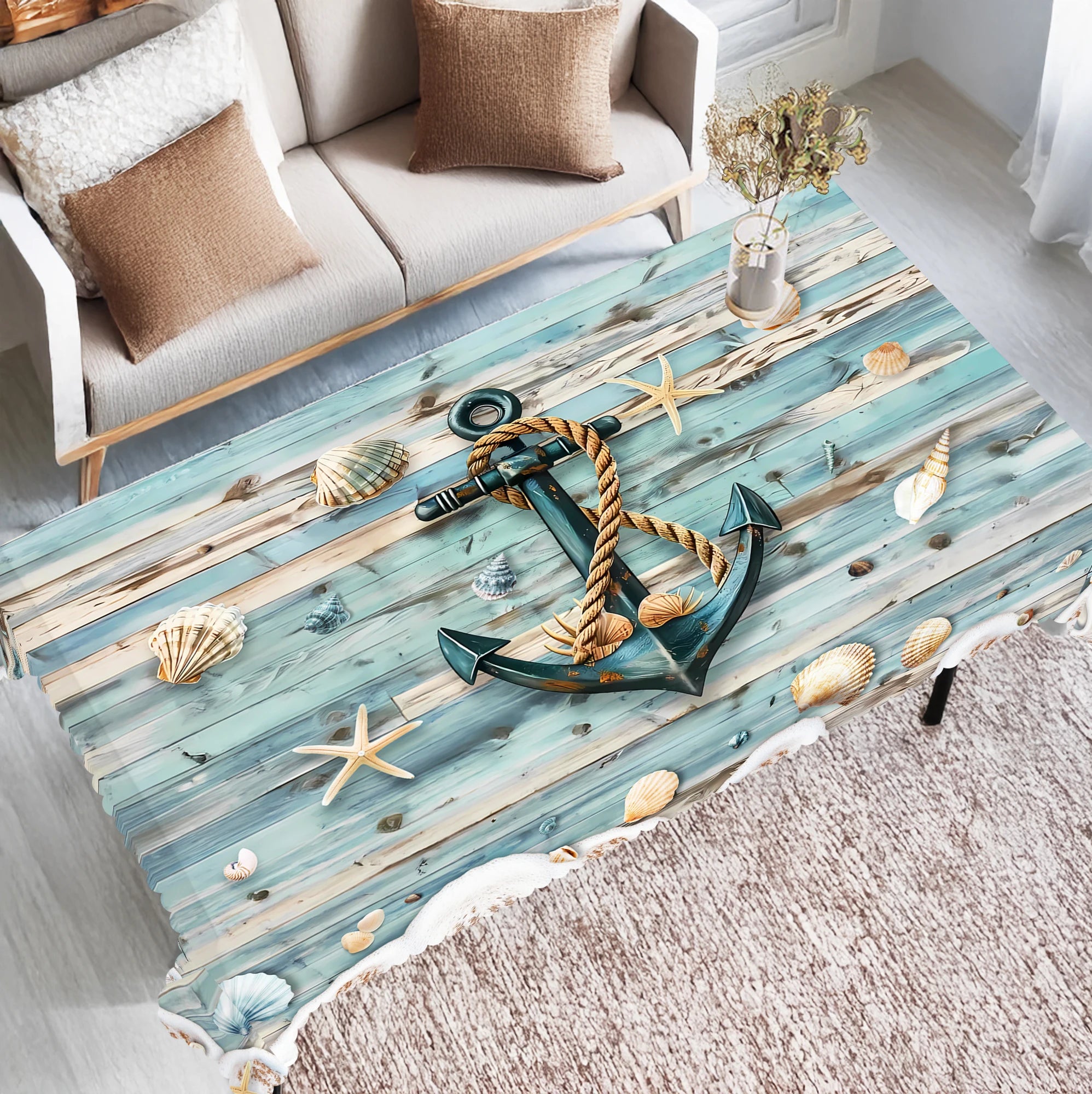 Nautik Tischdecke – Polyester mit Anker & Kompass-Motiv, wasserabweisend