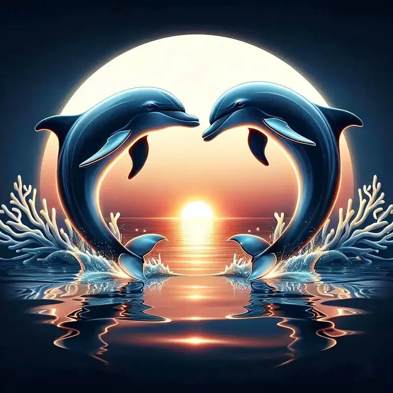 Diamond Painting Delfin Sonnenuntergang – 5D Diamant Mosaikbild mit Rund- und Viereckbohrer