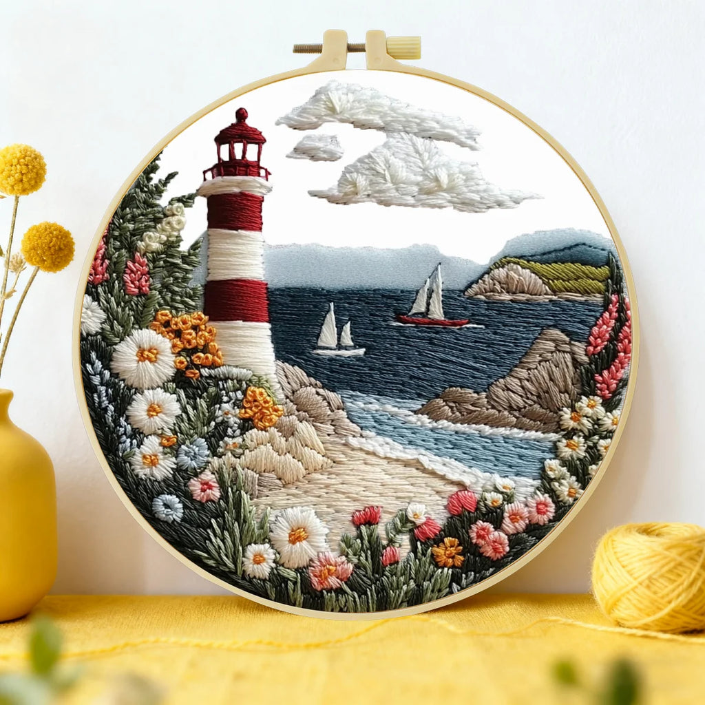 Stickerei-Set Leuchtturm am Meer – DIY Kreuzstich-Kit für Anfänger
