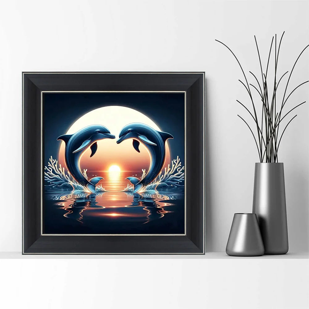Diamond Painting Delfin Sonnenuntergang – 5D Diamant Mosaikbild mit Rund- und Viereckbohrer