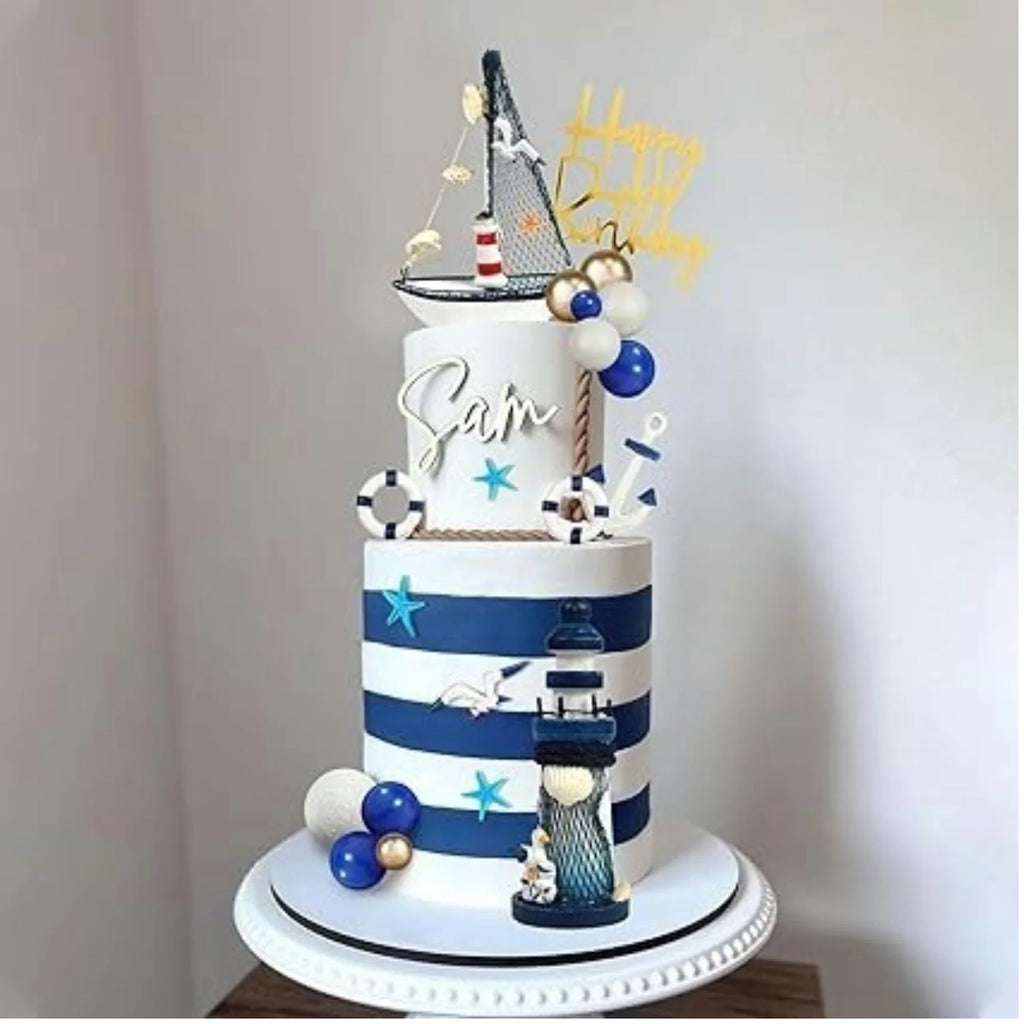 Maritime Kuchentopper 24-teilig – Blau-Weiß, Anker, Schiff, Leuchtturm, Geburtstag