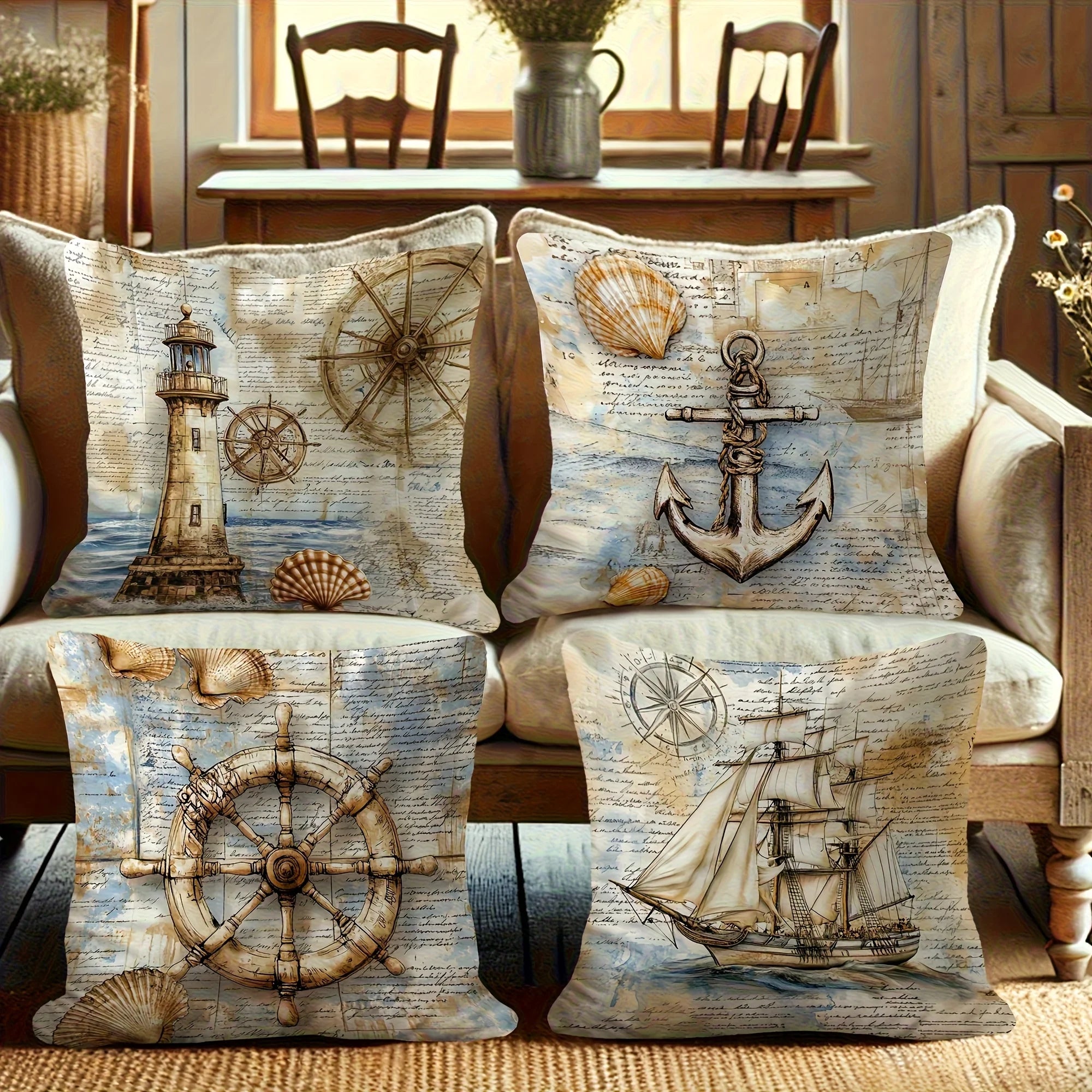 Maritime Kissenbezüge 4er-Set – Nautisches Motiv, Küstendekor