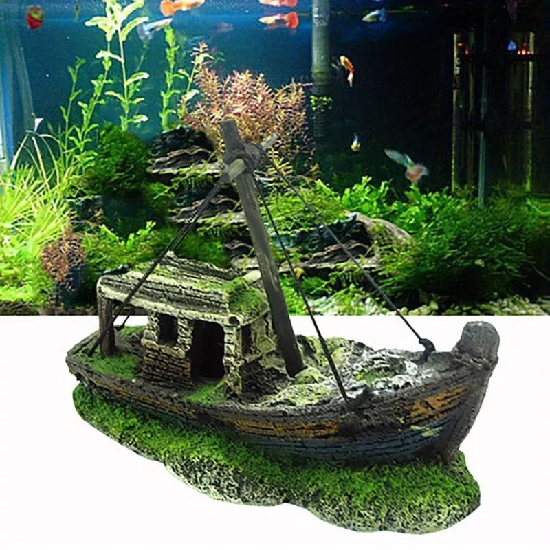 Aquarium Boot-Ornament aus Kunstharz – 3 Designs: Dinghy, Holzboot & Raumboot, Fischbecken Deko