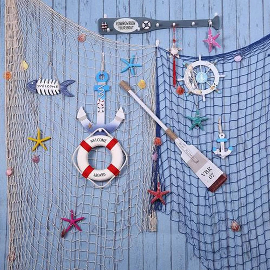 Fischernetz Wanddeko mit Muscheln – 100–200 cm, Mediterran, Blau oder Cremeweiß