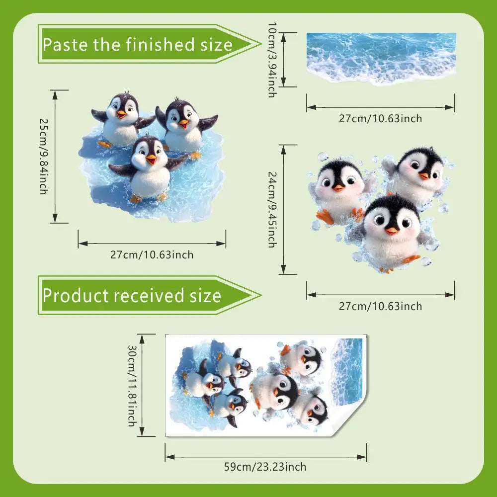 Cartoon-Pinguin WC-Aufkleber – Wasserfeste Badezimmer-Sticker im Ozeanwellen-Design