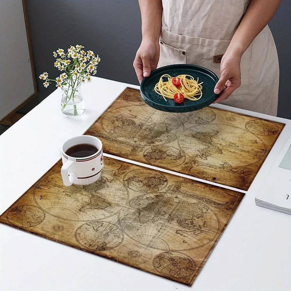 Tischset Nautik Weltkarte 4er-Set – Hitzebeständige Platzmatten im Vintage-Stil