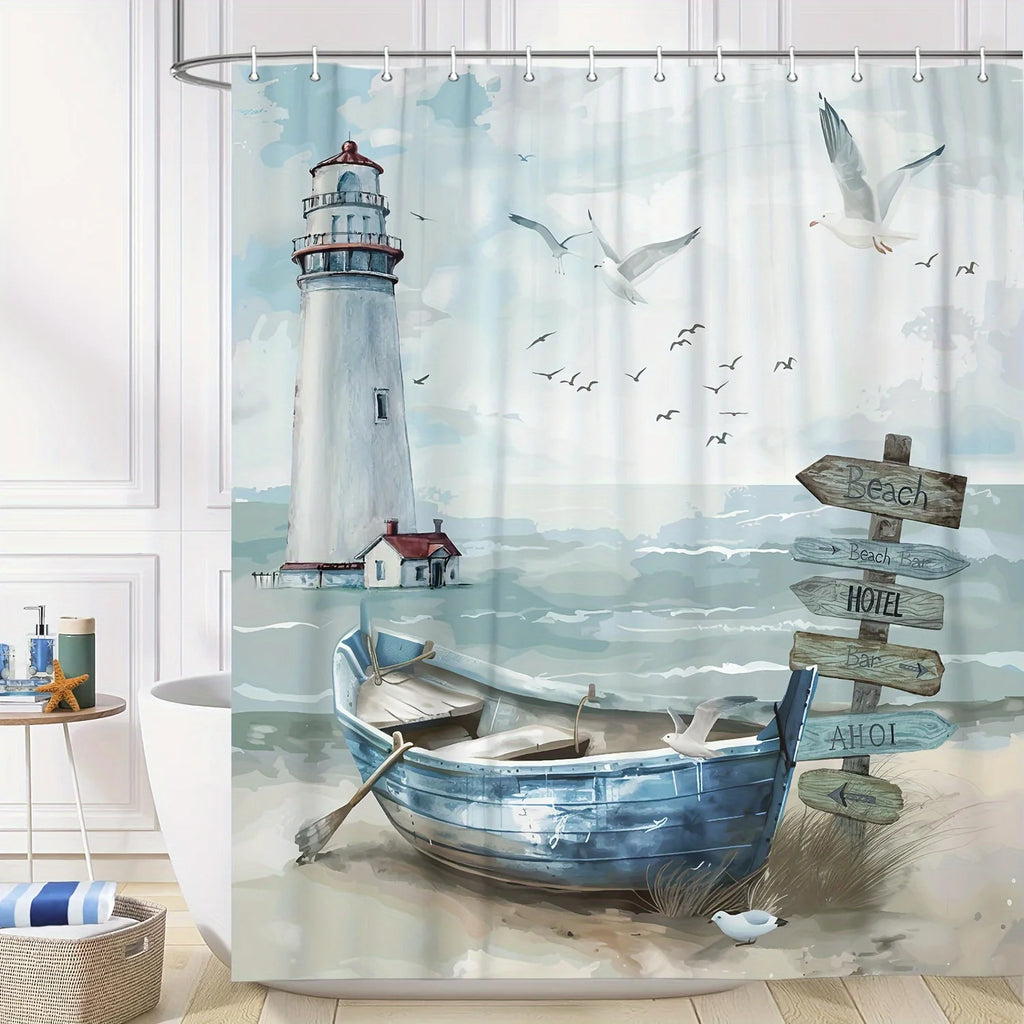 Maritimer Duschvorhang – Leuchtturm & Fischerboot, Blau-Türkis, mit Haken