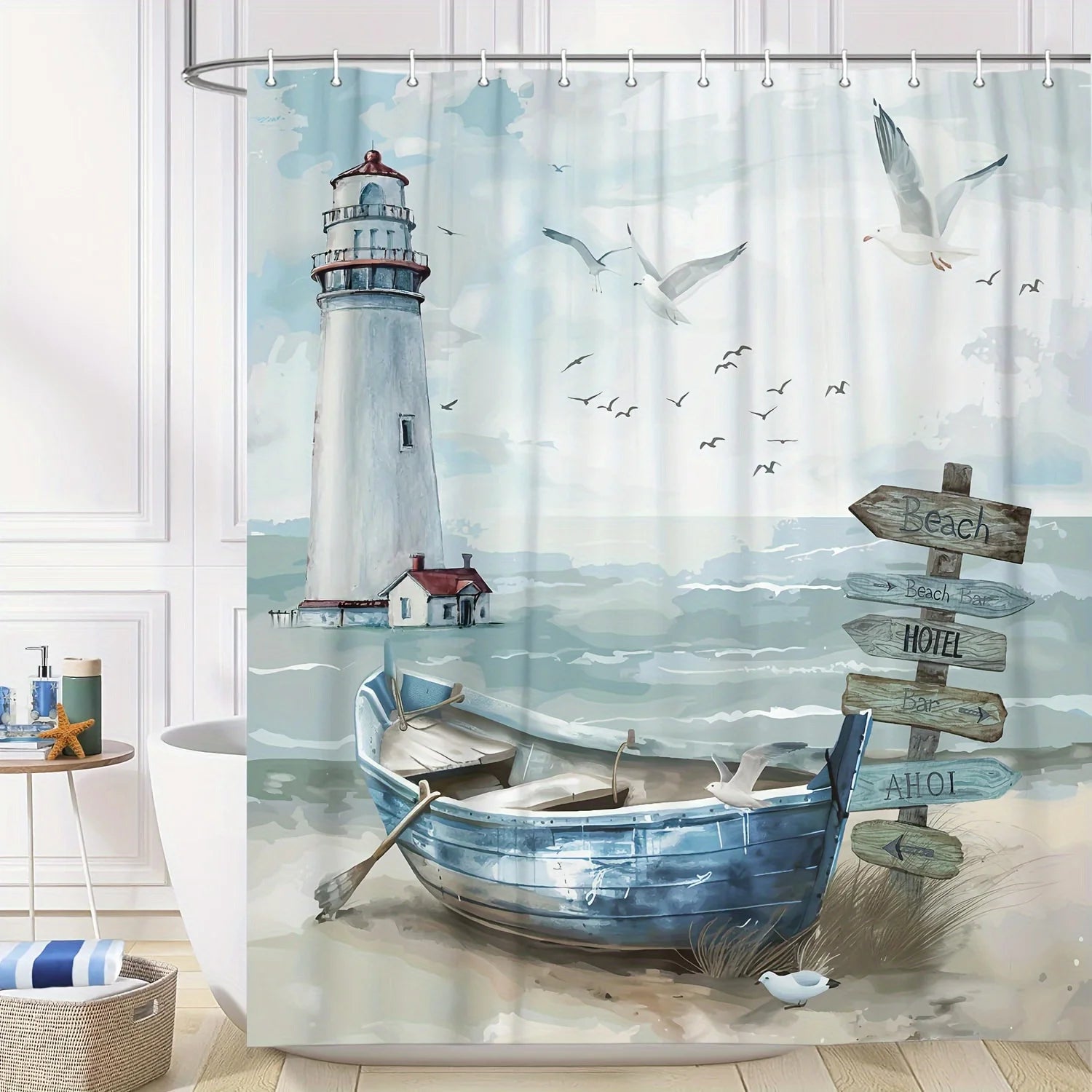 Maritimer Duschvorhang – Leuchtturm & Fischerboot, Blau-Türkis, mit Haken