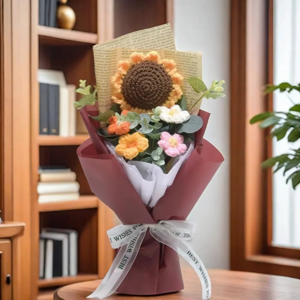 Häkel-Blumenstrauß – Handgefertigter Kunstblumen-Strauß aus Sonnenblumen & Gänseblümchen