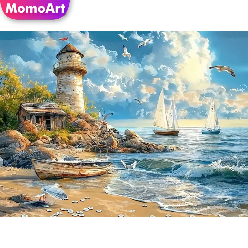 Diamond Painting Kit Leuchtturm & Küstenlandschaft – DIY Diamant Mosaic | Eckige & Runde Steine