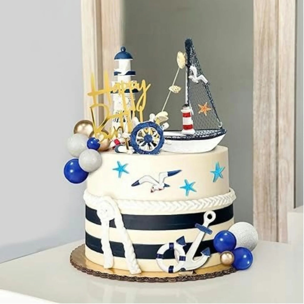 Maritime Kuchentopper 24-teilig – Blau-Weiß, Anker, Schiff, Leuchtturm, Geburtstag