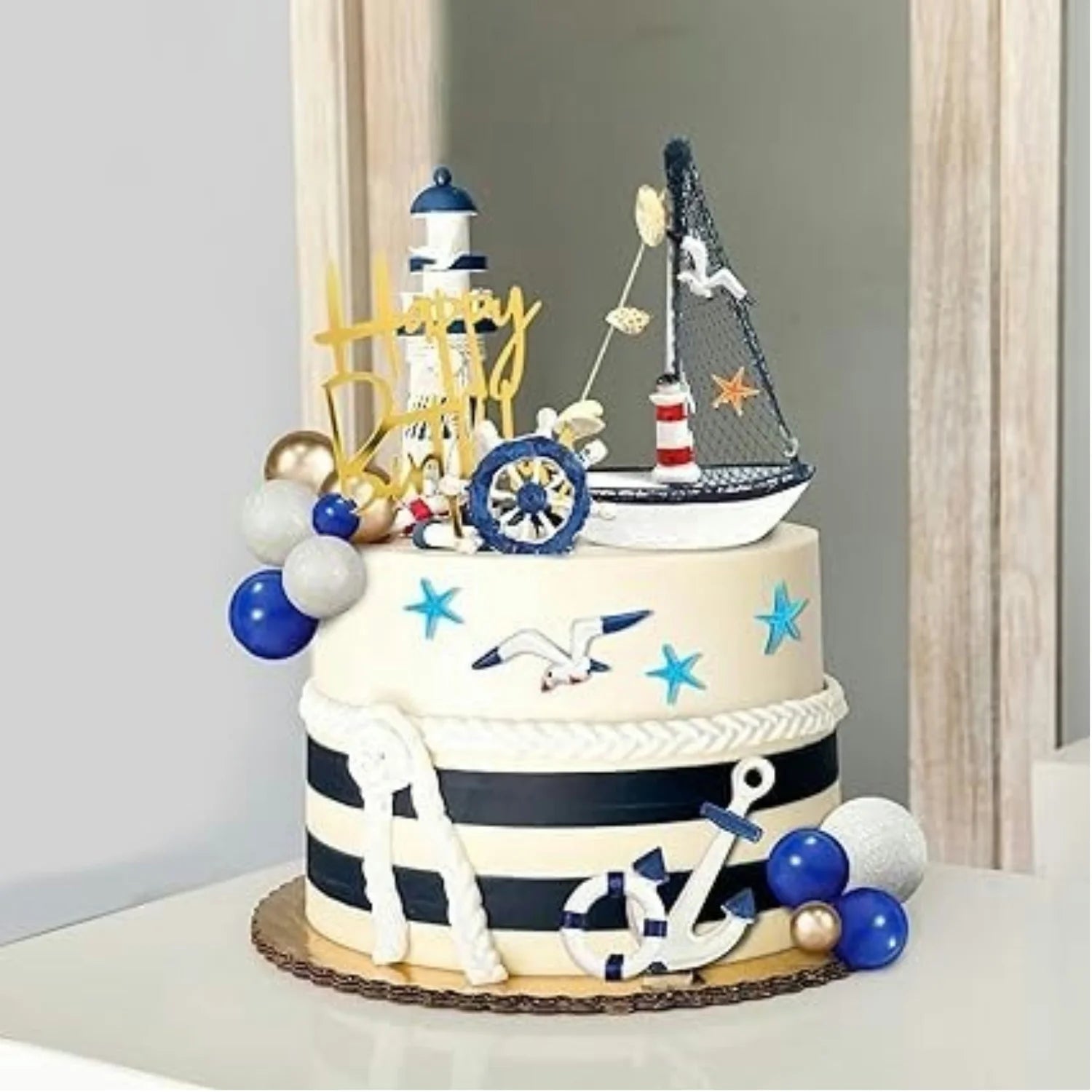 Maritime Kuchentopper 24-teilig – Blau-Weiß, Anker, Schiff, Leuchtturm, Geburtstag
