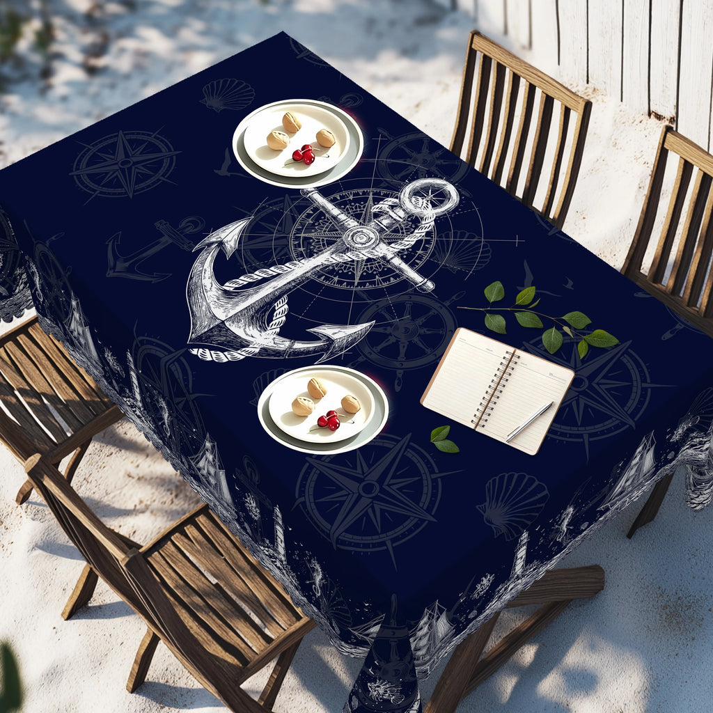 Maritime Tischdecke Marineblau – Anker, Leuchtturm & Kompass, wasserabweisend, 5 Größen