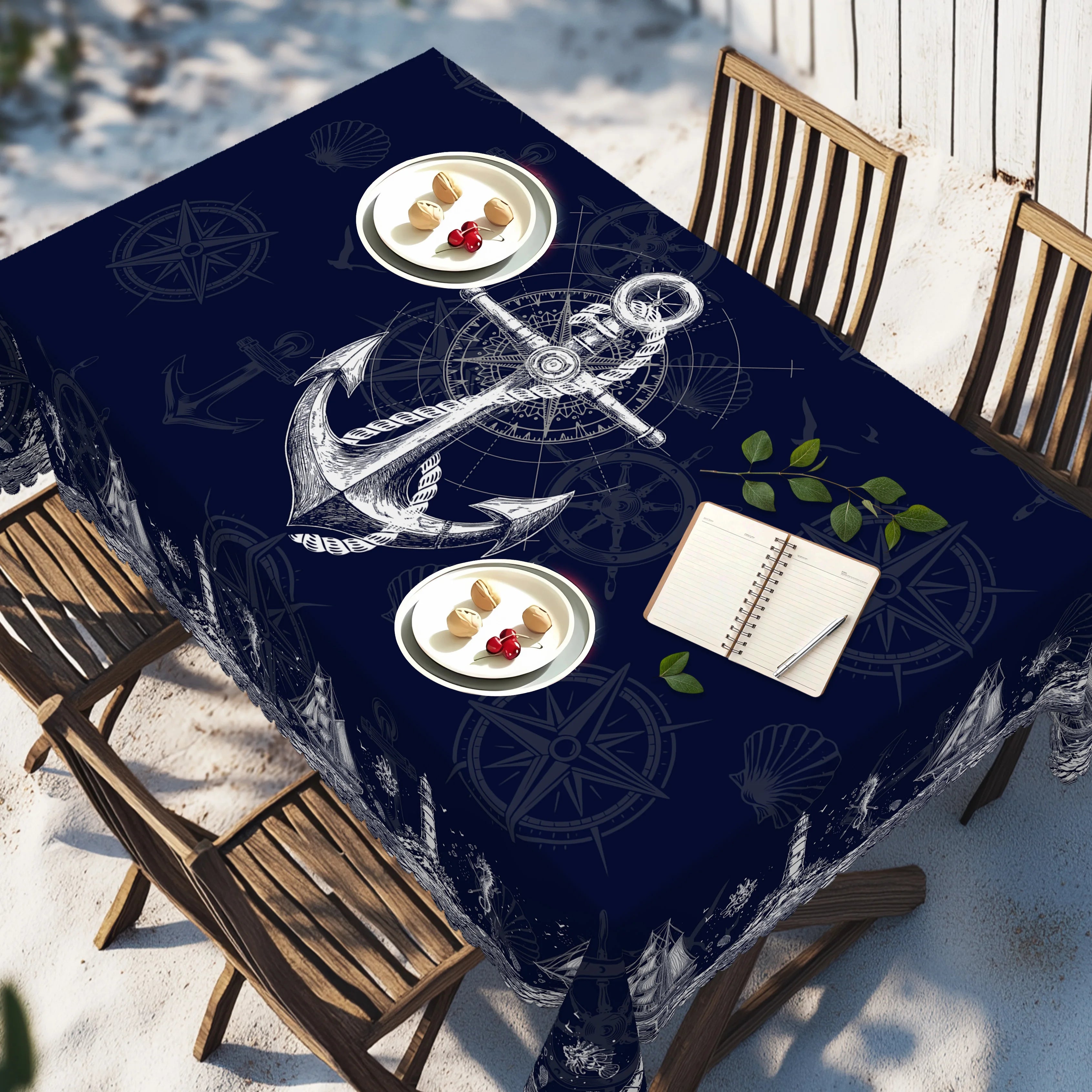 Maritime Tischdecke Marineblau – Anker, Leuchtturm & Kompass, wasserabweisend, 5 Größen