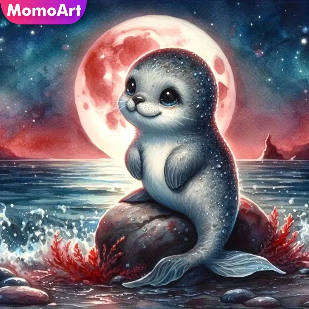 Diamond Painting Robbe – Tier-Motiv mit Mond und Meer, Voll-Bohrbild