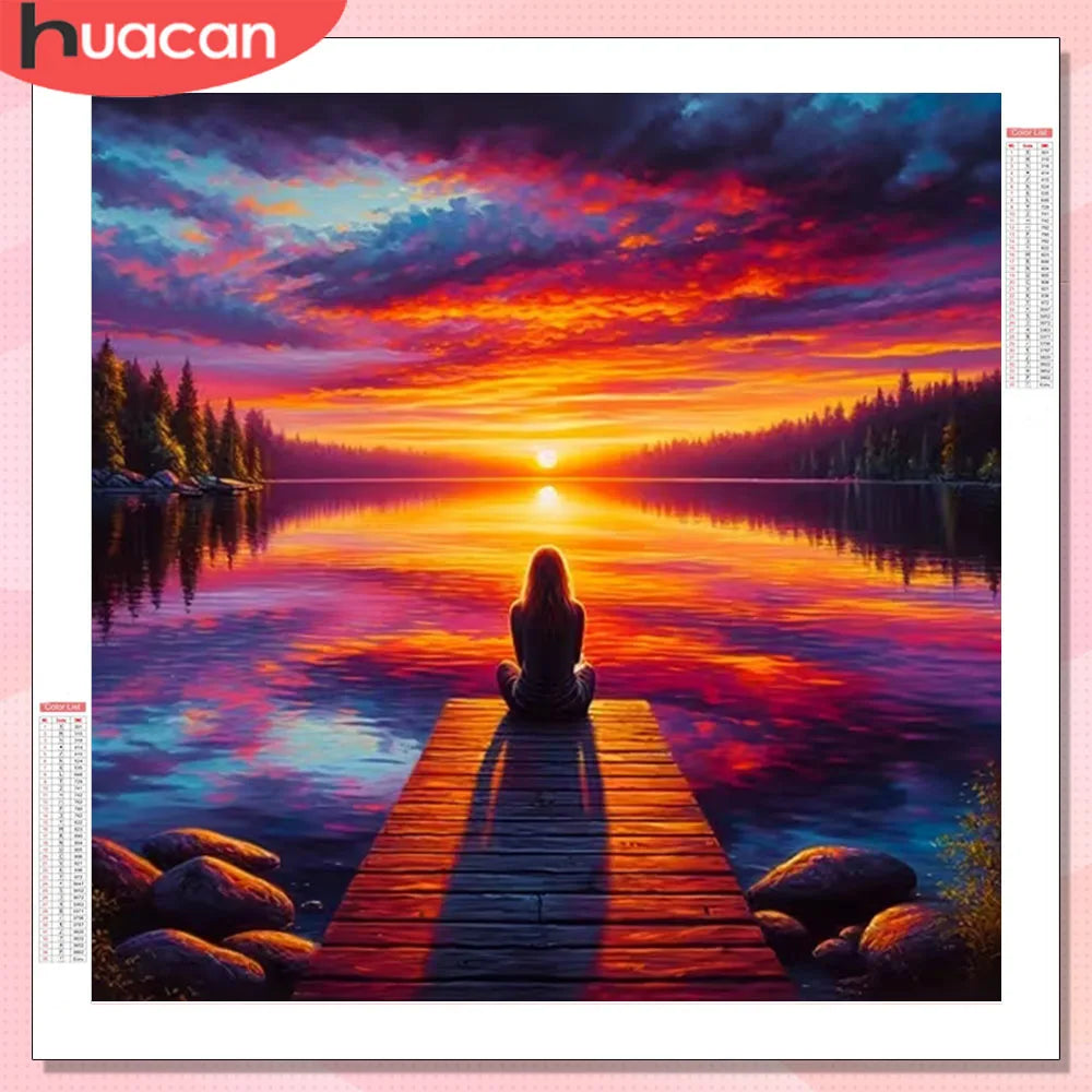 Diamond Painting Sonnenuntergang Landschaft – Huacan Diamant-Malerei Set mit Eckigen & Runden Steinen