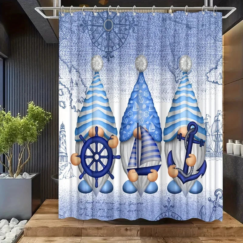 Maritimes Badezimmer-Set 4-teilig – Duschvorhang, Badematte, WC-Deckelbezug und Vorleger