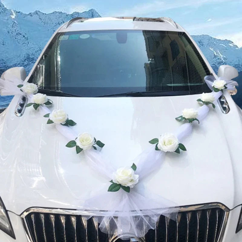 Hochzeitsauto-Dekoration Frontblumen – Vliesstoff, Weiß oder Pink, Brautauto Deko
