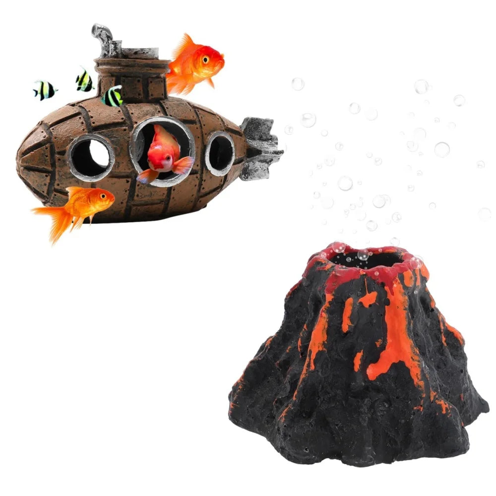 Aquarium Deko – Kunstharz U-Boot & Vulkan mit Luftblasen-Effekt