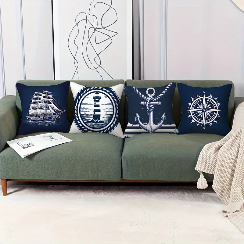 Kissenbezug 4er Set Maritim – Anker, Leuchtturm & Segelboot | 6 Größen | Polyester